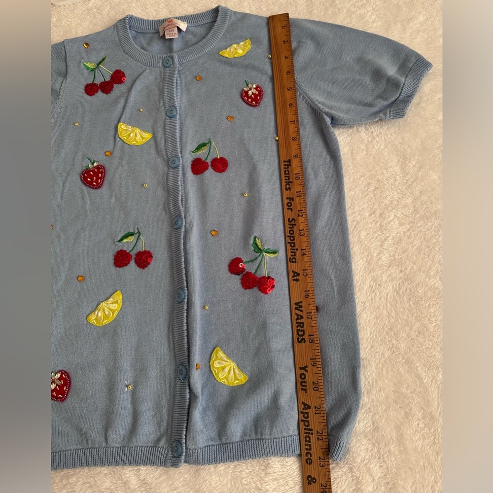 Quacker Factory Fruit Embroidered Cardigan XXS Blue Sequin Lemon Strawberry - Picture 6 of 8